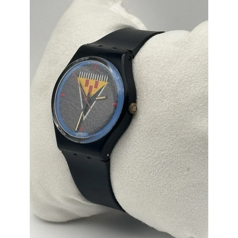 Vintage Swatch Lancelot Mens Watch 34mm Black Case GB110 Swiss New Battery